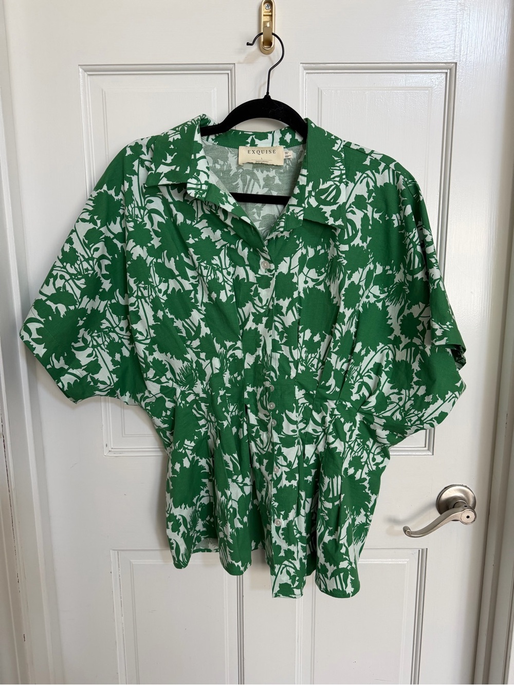 Anthropologie The Tobie Short Sleeve Pleated Blouse By Exquise Green Floral Sz L - Picture 6 of 8